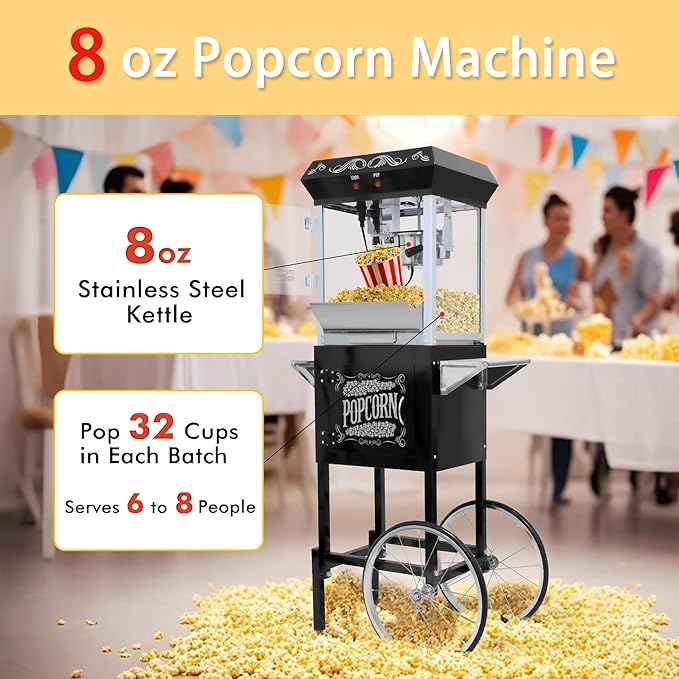 Commercial Popcorn Machine with Cart in Sleek Black - 8oz Kettle Pops 32 Cups/Batch, with Warming Lamp, Glass Door & Wheels for Theater, Parties