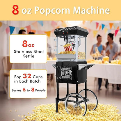 Commercial Popcorn Machine with Cart in Sleek Black - 8oz Kettle Pops 32 Cups/Batch, with Warming Lamp, Glass Door & Wheels for Theater, Parties