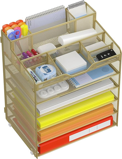 Docnest 6 Tier Mesh Desk Organizer for Paper Office Supplies – Multi-Functional Letter Tray with 5 Adjustable Compartments, 8 Pen Holders, Desktop Storage for Files, Mail, Stationery – Gold