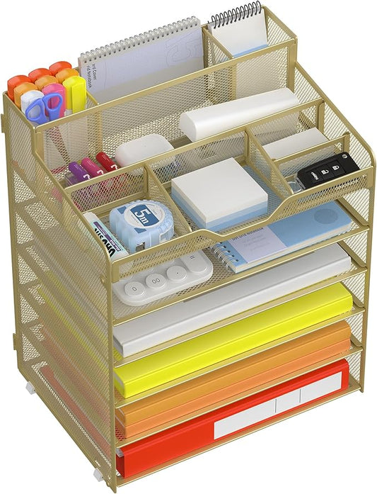 Docnest 6 Tier Mesh Desk Organizer for Paper Office Supplies – Multi-Functional Letter Tray with 5 Adjustable Compartments, 8 Pen Holders, Desktop Storage for Files, Mail, Stationery – Gold