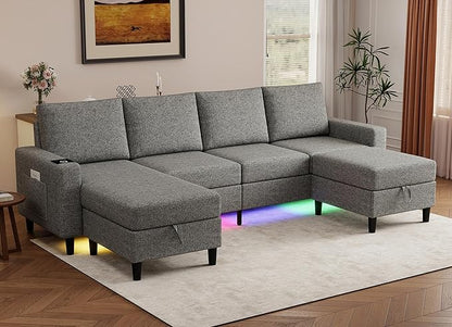 Smart Sectional Couches for Living Room, 6 Seat U/L Shaped Sectional Sofa with RGB Light/Charging, Modern Living Room Furniture for Apartments/Office/More (Light Gray)