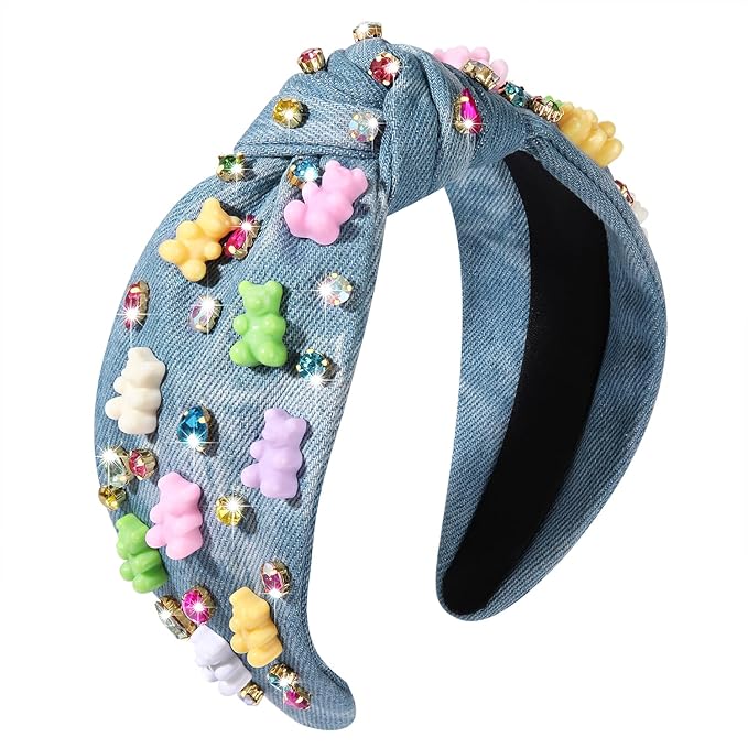 Knotted Jeweled Embellished Top Knot Hairband Statement Wide Turban Hair Hoop for Women - Funny Gifts for Girls, Sister, Birthday, Holiday Party (Crystal Denim Blue)