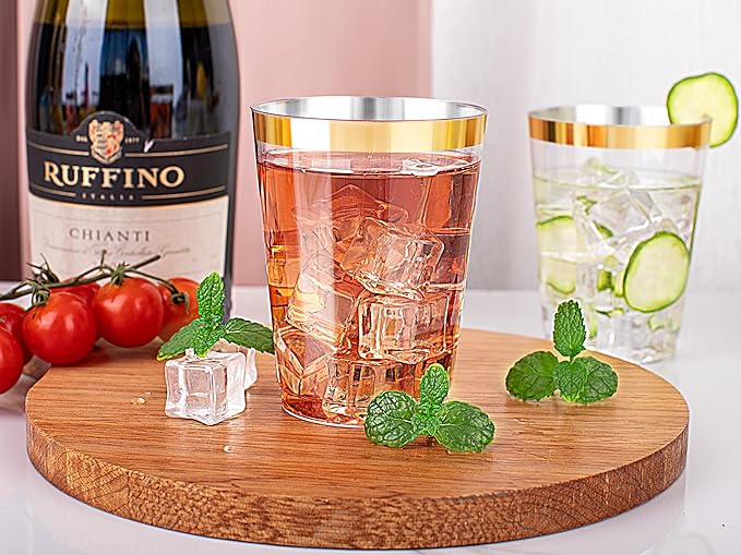 Ciaell 120PCS Gold Plastic Cups - 10Oz Heavy Duty Clear Plastic Cups with Gold Rim - Gold Rim Disposable Cups for Wedding, Birthday & Party