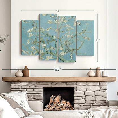 Elephant Stock Almond Blossoms Wall Art - Horizontal Canvas - 4-Piece Living Room Wall Decor - Flower Painting Canvas Print - Blue and Green Decor for Wall by Vincent Van Gogh - 43" X 27"