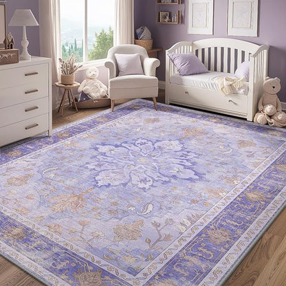 Area Rugs 3'x5' Washable Non-Slip, Floral Vintage Distress Print Pattern Medallion Carpet for Living Room Bedroom Dining Room, Light Purple Brown