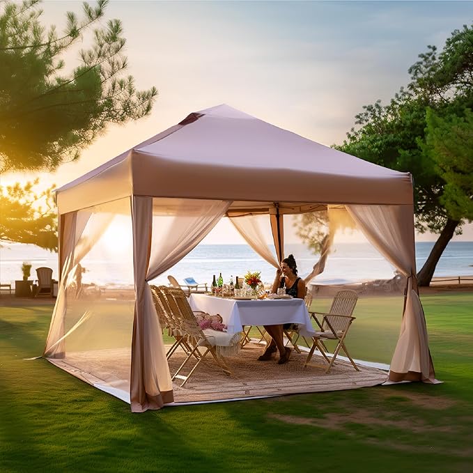 PHI VILLA 10' x 10' Pop Up Canopy Tent with Netting, Instant Gazebo, Ez up Screen House Room with Carry Bag, Height Adjustable, for Outdoor, Garden, Patio