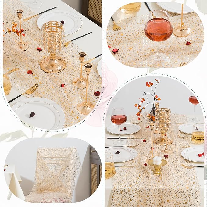 10 Pcs Gold Table Runners, 28In x 10 Ft Sheer Chiffon Tulle Cheesecloth with Glitter Metallic Foil, Golden Sequin Gauze Runner for Wedding, Birthday, Baby Shower, Anniversary Party Decor, Polka Dots