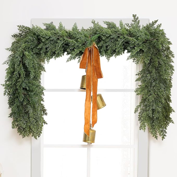 Jutom 2 Pcs 6 ft Thick Christmas Cedar Garland Artificial Realistic Soft and Flexible Full Faux Green Cedar Pine Garland for Home Indoor Xmas Holiday Mantle Fireplace Party Decoration