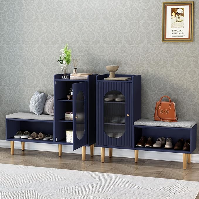 HLR Storage Bench Set of 2, Blue Modern Entryway Shoe Cabinet Bench with Glass Door&Shelf, L-Shaped Storage Cabinet with Padded Seat for Hallway, Bedroom, Living Room, Office