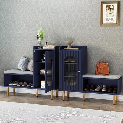 HLR Storage Bench Set of 2, Blue Modern Entryway Shoe Cabinet Bench with Glass Door&Shelf, L-Shaped Storage Cabinet with Padded Seat for Hallway, Bedroom, Living Room, Office