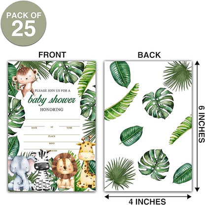 25 Safari Animals Baby Shower Invitation Cards With Envelopes (4" x 6"), Woodland Baby Gender Reveal Party Invites For Adults Kids - Gender Neutral Baby Shower Party Decorations Supplies(YQK-B25)