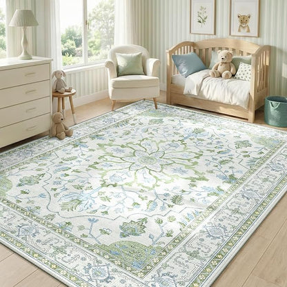 Area Rugs 5'x7' Washable Non-Slip, Floral Vintage Distress Print Pattern Medallion Carpet for Living Room Bedroom Dining Room, Green White Blue
