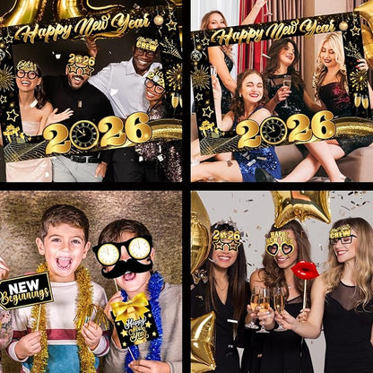New Years Photo Booth Props 2026, Black Gold New Years Eve Photo Booth Props,Happy New Year Photo Frame, New Years Eve Party Supplies 2026 for New Year Eve Celebratory Party Favor