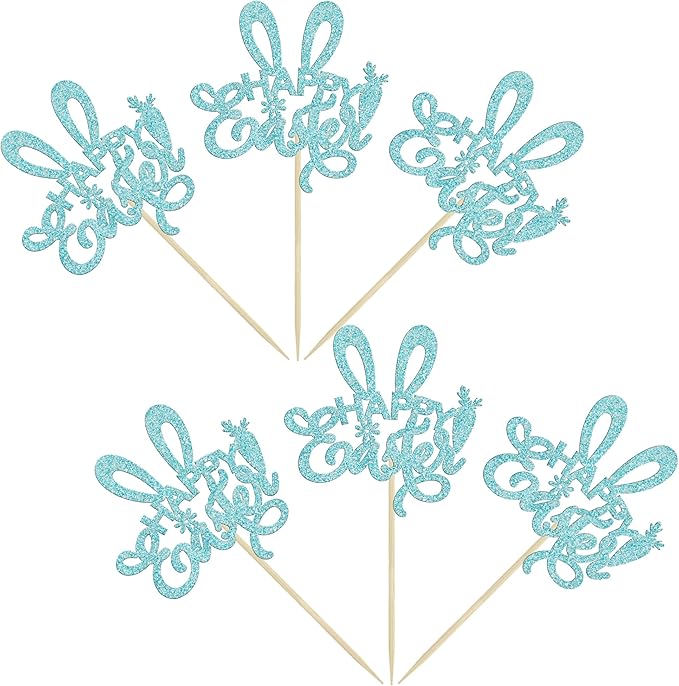 Ephlyn 24Pcs Happy Easter Cupcake Toppers - Blue Glitter Rabbit Ear Picks Decorations for Easter Day Theme, Baby Shower, Kids Birthday Party Supplies