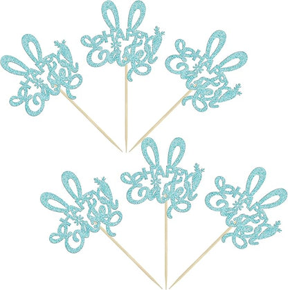 Ephlyn 24Pcs Happy Easter Cupcake Toppers - Blue Glitter Rabbit Ear Picks Decorations for Easter Day Theme, Baby Shower, Kids Birthday Party Supplies