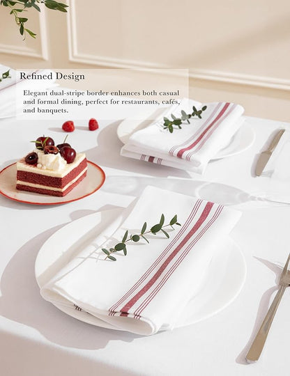 100% Polyester Napkin 18"x22", Dual-Stripe Border – Durable Decorative Napkins for Restaurants & Events, Bright Red, Set of 12
