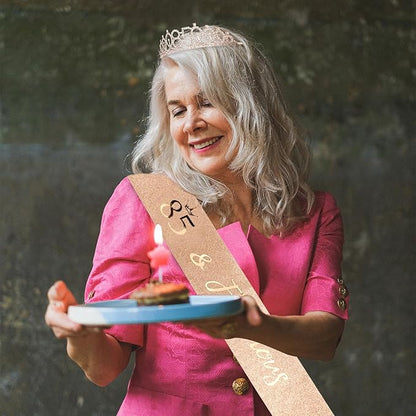 CIEHER 85th Birthday Crown, Sash + Pearl Pin Set - Gifts for Women, Decorations and Party Supplies