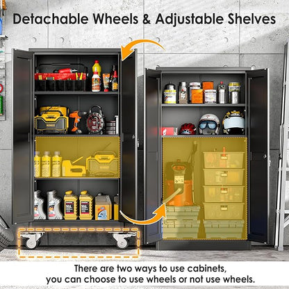 61''H Metal Garage Storage Cabinet with Wheels,Steel File Cabinets with 2 Doors and 3 Adjustable Shelves for Home Office, Warehouse, Required Assembly,Black