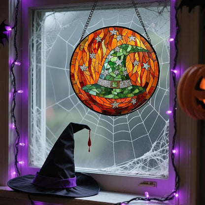 Stained Glass Window Hanging - Halloween Decorations Witch Hat Suncatcher for Doors Garden Indoor Spooky Funny Green Sun Catchers Gothic Decor Horror Gifts for Women Men Friend 7.8 in