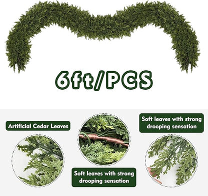 6/9ft Christmas Cedar Garland Artificial Realistic Soft and Thickness Green Faux Fake Full Cedar Pine Garland for Table, Mantle, Wall, Indoor, Outdoor Christmas Decorations (6FT)