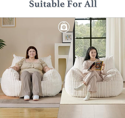 Giant Plush Bean Bag Chair for Adults with Armrests - Oversized Comfy Beige Beanbag Lounge Lazy Floor Sofa Accent Chair for Living Room, Bedroom & Dorm, Cozy Fluffy Single Cloud Mini Couch