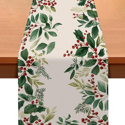 Christmas Table Runner 13x72 Inch Winter Holiday Greenery Red Berries Farmhouse Dining Table Decoration Burlap Tablecloth for Kitchen Dining Indoor Outdoor Christmas Party Home Decor
