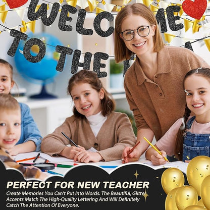 Fulmoon Pre Strung Welcome to The Team Banner with Two Heart Signs, NO DIY, Glitter Welcome Party Supplies for New Employee, Coworker, Colleague, Staff, Team Member Office Decorations(Black)
