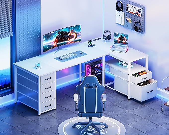Coleshome L Shaped Computer Desk with 6 Drawers & Power Outlet, 63 Inch Office Desk with Reversible Storage Shelf & File Drawer, Home Office Desk, White