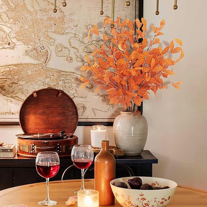 Uieke 18 Pcs Artificial Fall Eucalyptus Stems Fall Eucalyptus Leaves Plants Fall Decorations with Fall Leaves for Autumn Office Home Wedding Centerpiece Fall Florals Arrangement Decor (Orange)
