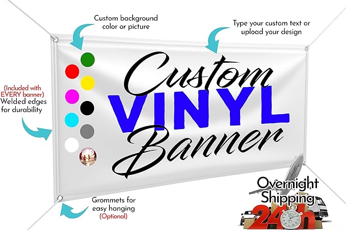 Custom Design - Any Size Vinyl Banner - Full Color - Made in USA - Business, Storefront, Birthday Party, Graduation, Outdoor Events, Garage, Shop, Baby Shower, Backdrop - Fast Turnaround (7' x 25')