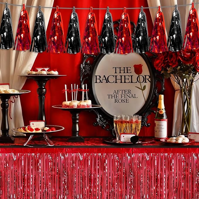 3P Black red Tassel Banner Garland Metallic Foil Fringe Banner Tinsel Tassels Streamer Banner Backdrop for Parade Floats, 2025 Graduation Decorations, Father's Day Party Decoration