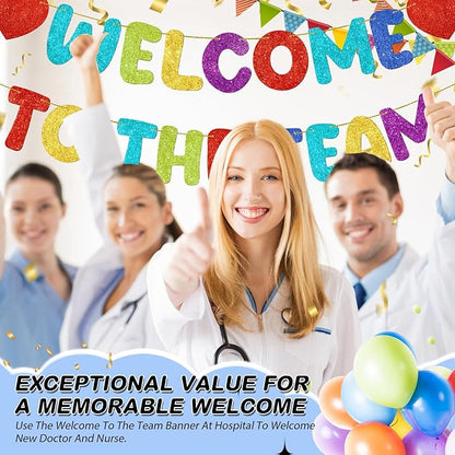 Fulmoon Pre Strung Welcome to The Team Banner with Two Heart Signs, NO DIY, Glitter Welcome Party Supplies for New Employee, Coworker, Colleague, Staff, Team Member Office Decorations (Colorful)