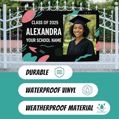 Custom Graduation Banner Class of 2025 with Photo and Name – Personalized Congrats Sign for High School or College Seniors – Indoor Outdoor Graduation Party Decoration