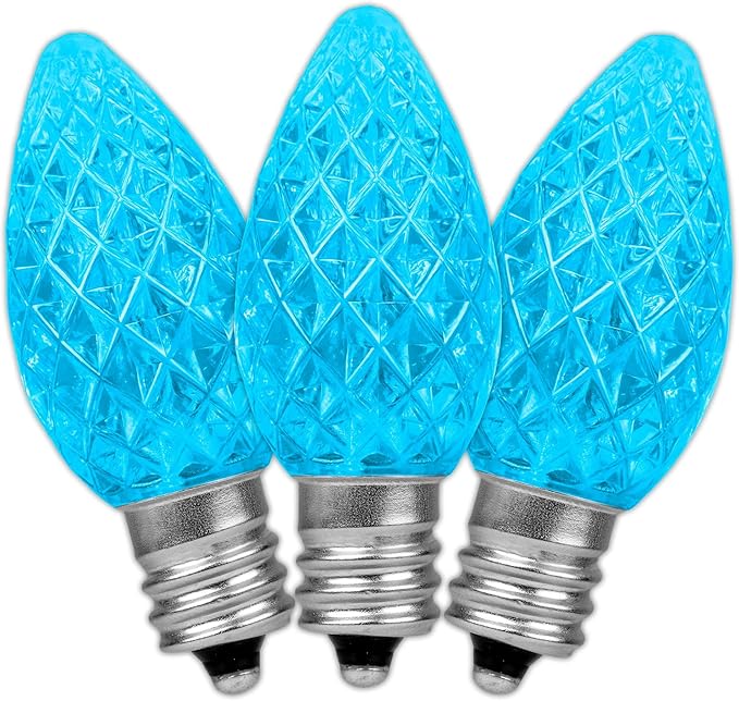Novelty Lights 25pk Teal C7 LED Faceted Christmas Light Replacement Bulbs, Ultra Bright Dimmable Replacement Lamps for Indoor/Outdoor Light Strings