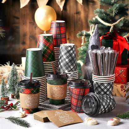 Lallisa 100 Sets Christmas Disposable Coffee Paper Cups Bulk with Lids Sleeves & Straws, 12 oz Xmas Red and Green Buffalo Plaid Cups for Hot Cold Cocoa Tea Holiday Party Supplies