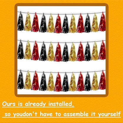 3P Red-Black Gold Tassel Banner Garland Metallic Foil Fringe Banner Tinsel Tassels Streamer Banner Backdrop for Parade Floats, 2025 Graduation Decorations, Baby Bridal Shower Party Decoration