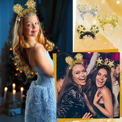 6 Pcs 2026 Happy New Year Headband with Star Boppers Headdresses Black Gold Silver Headdresses for New Year's Eve Party Supplies Holiday Supplies