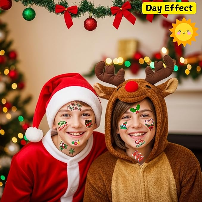 Glow In Dark Christmas Temporary Tattoos | Luminous Christmas Tattoos Xmas Decorations Party Favors Supplies Goodie Bags Stocking Stuffers Gift Idea For Kids Teen Adult Xmas Santa Claus Reindeer-60Pcs