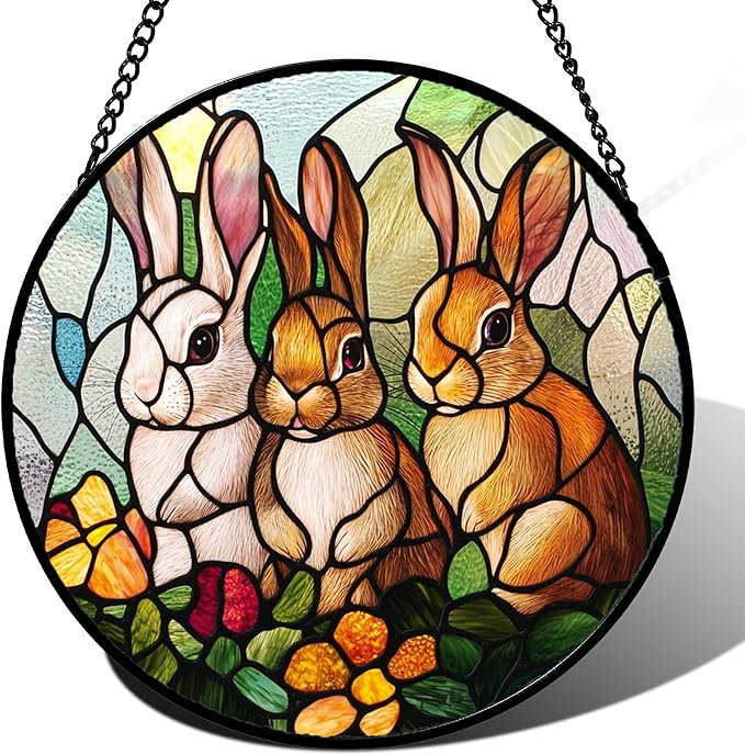 Stained Glass Window Hanging - 3 Cute Rabbits Suncatcher for Doors Garden Patio Bunny Sun Catchers Decor Christmas Mother's Day Birthday Teenager Gifts for Women Men Mom Nana Friend 11.8 in