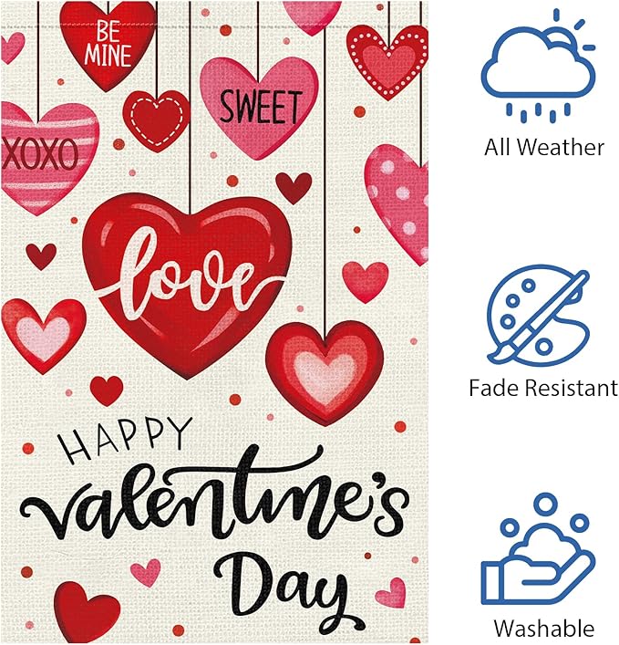 Heyfibro Happy Valentine's Day Garden Flag 12 x 18 Inch Double Sided Burlap,Candy Love Heart Flag Valentine’s Party Supplies for Anniversary Wedding Home Outdoor Decoration (ONLY FLAG)