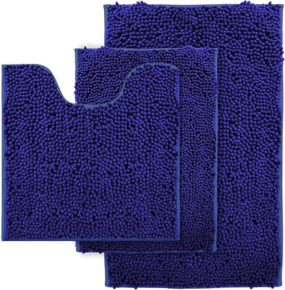Chenille Bathroom Rug Set - 3-Piece Extra Soft & Absorbent Shag, Machine Washable Mats, Non-Slip PVC Underside, Plush Carpet Mats (Royal Blue)