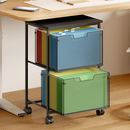 Letter/Legal Rolling File Cart with 2 Storage Drawers, Under Desk Storage, Vertical Filing Cabinet for Home Office, Hanging File Folders Organizer, Mobile Utility Cart Printer Stand, Black