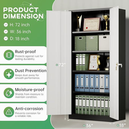 INTERGREAT Metal Storage Cabinet with Lock,72" Steel Lockable File Locker Cabinet with Locking Doors and Adjustable Shelves, Storage Lockers for Office, Home, Garage, Gym, School (Black Grey)