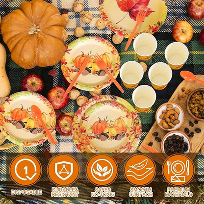 350 Pcs Fall Dinnerware - Thanksgiving Party Decoration Supplies with Autumn Pumpkins, Maple Leaf Paper Plates, Napkins & Cups for 50 Guests