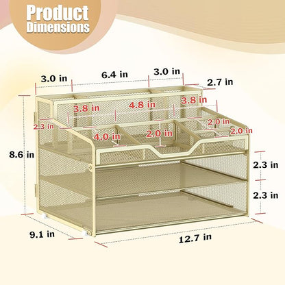 Docnest 3 Tier Mesh Desk Organizer for Paper Office Supplies – Multi-Functional Letter Tray with 5 Adjustable Compartments, 3 Pen Holders, Desktop Storage for Files, Mail, Stationery – Gold