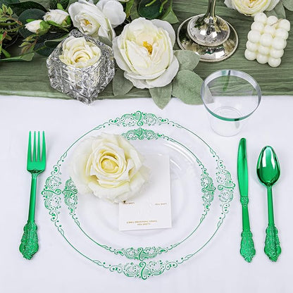 Hioasis 175pcs Clear Green Plastic Plates - Elegant Disposable Dinnerware Set Suitable for 25 Guests Include 10.25" Dinner & 7.5" Dessert Plates, Pre Rolled Silverware Set, Cups for Party & Christmas