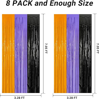8 Pack Halloween Decorations Indoor, 3.28 FT x 7.05 FT Party Streamer, Orange Purple Black Streamer Backdrop Fringe Curtains Foil Tinsel, Halloween Party Supplies Hanging Halloween Decor