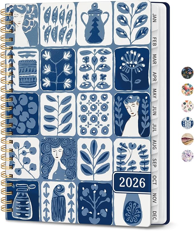 2026 Planner, Weekly and Monthly Planner for Women, Jan 2026 - Dec 2026 Pretty 2026 Calendar Planner with Monthly Tabs, Inner Pocket, Spiral Binding, Perfect for Office Home School - 8.5" x 11", Blue Art