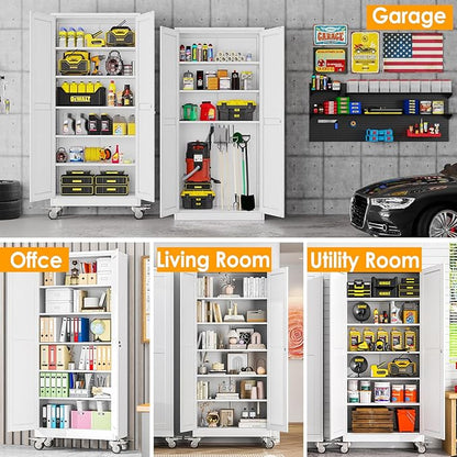 75''H Metal Garage Storage Cabinet with Wheels,Steel File Cabinets with 2 Doors and 5 Adjustable Shelves for Home Office, Warehouse, Required Assembly,White