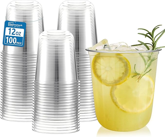 Homestockplus 12 oz Clear Plastic Cups 100 Pack - BPA-Free Stemless Disposable Wine Glasses, Open-Top Drink Cups for Iced Coffee, Wine, Cocktails, Halloween, Thanksgiving & Party Supplies